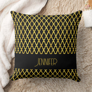 Monogram goud en zwart quatrefoil patroon kussen