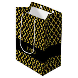 Monogram goud en zwart quatrefoil patroon medium cadeauzakje