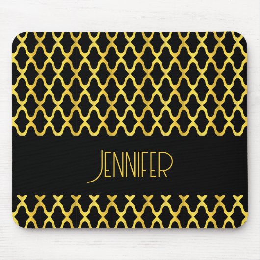 Monogram goud en zwart quatrefoil patroon muismat (Voorkant)