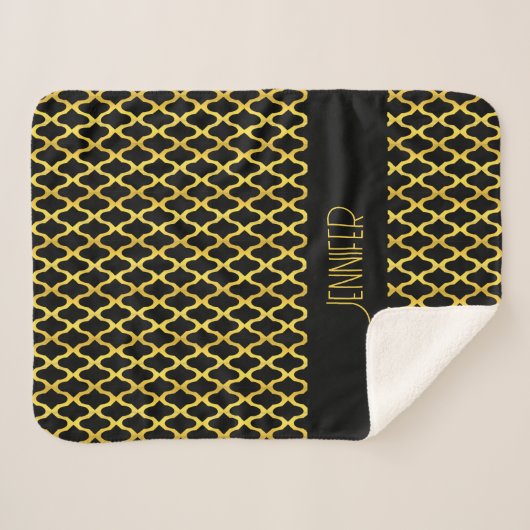 Monogram goud en zwart quatrefoil patroon sherpa deken (Voorkant (horizontaal))