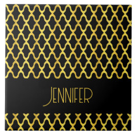 Monogram goud en zwart quatrefoil patroon tegeltje