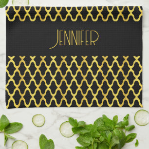Monogram goud en zwart quatrefoil patroon theedoek