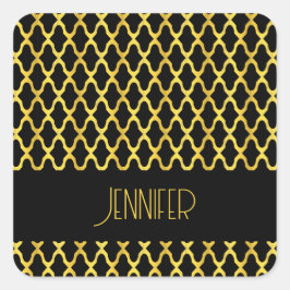 Monogram goud en zwart quatrefoil patroon vierkante sticker