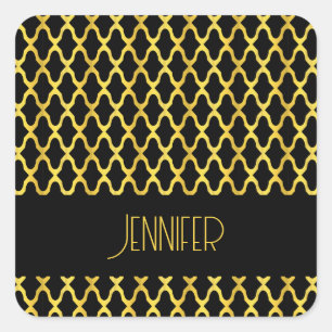 Monogram goud en zwart quatrefoil patroon vierkante sticker