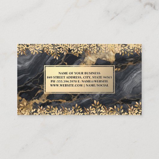 Monogram | Goud Folie Bladeren | Zwarte Marmer Visitekaartje (Achterkant)