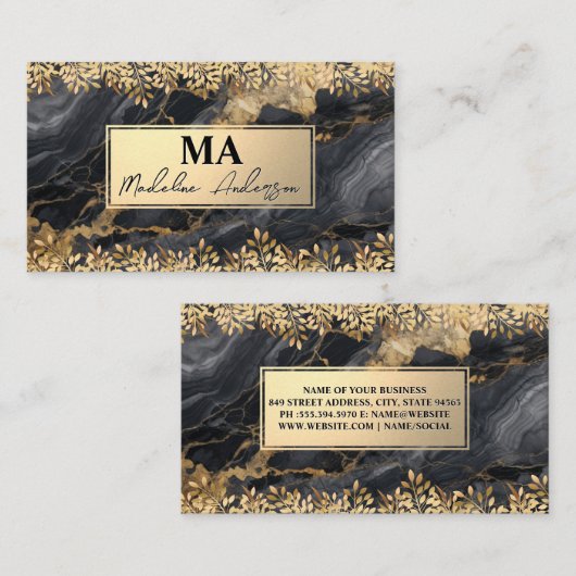 Monogram | Goud Folie Bladeren | Zwarte Marmer Visitekaartje (Voorkant / Achterkant)
