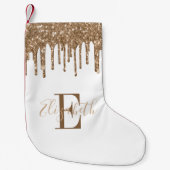 Monogram Goud Glitter Druppels Wit Kleine Kerstsok (Voorkant)