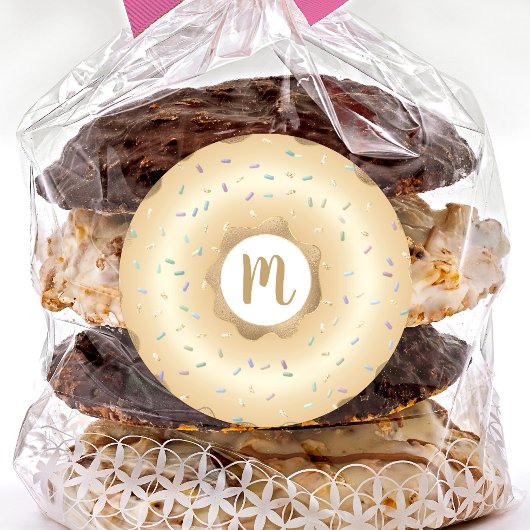 Monogram goud glittersparel donut sprinkels ronde sticker