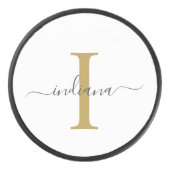 Monogram Goud Grijs Script Naam Moderne Typografie Hockey Puck (Voorkant)