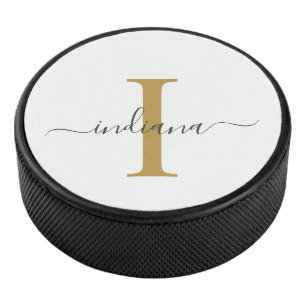 Monogram Goud Grijs Script Naam Moderne Typografie Hockey Puck
