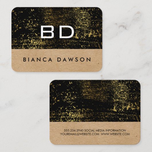 Monogram Goud Grunge Geometrisch Natuurlijk Visitekaartje (Voorkant / Achterkant)