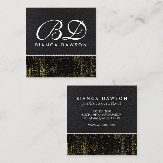 Monogram Goud Grunge Leer Parels Vierkante Visitekaartje (Voorkant / Achterkant)