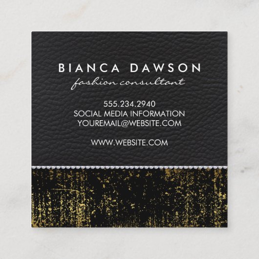 Monogram Goud Grunge Leer Parels Vierkante Visitekaartje (Achterkant)