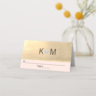 Monogram Goud Hart Diamant Roze Bruiloft Plaatskaartje