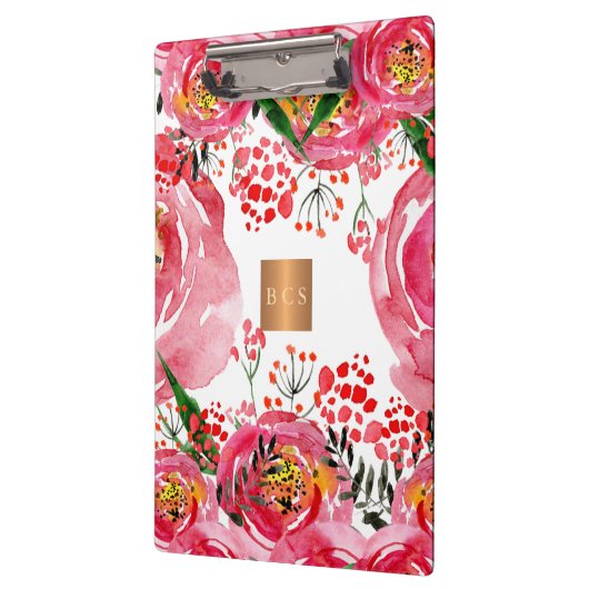 Monogram goud koper metallic roze witte bloemen klembord (Links)