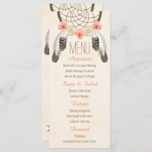 Monogram Goud Koraal Dreamcatcher Bruiloft Menu (Voorkant / Achterkant)