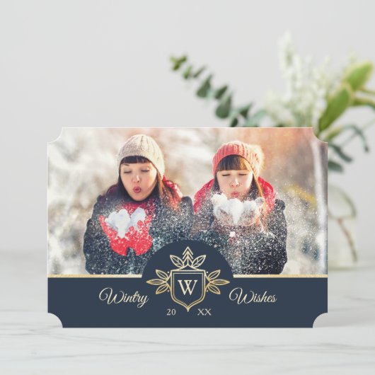 Monogram goud & marineschip voor legant & Regal Fa Feestdagenkaart (Staand voorkant)