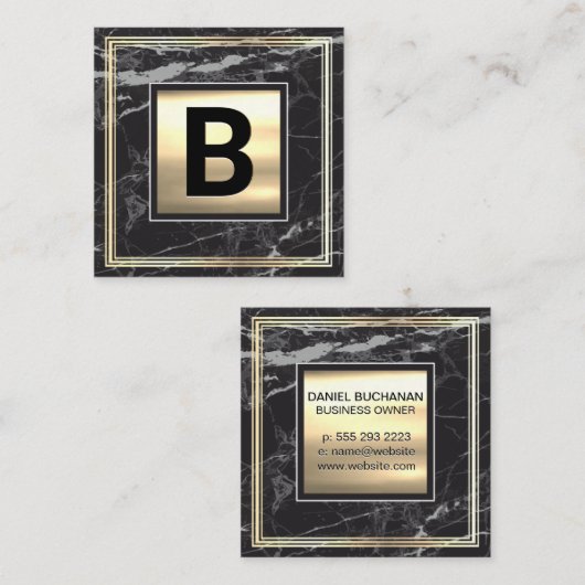 Monogram | Goud metaal | Goud Lijst Zwart Marmer Vierkante Visitekaartje (Voorkant / Achterkant)