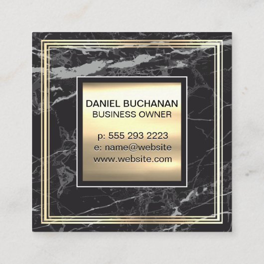 Monogram | Goud metaal | Goud Lijst Zwart Marmer Vierkante Visitekaartje (Achterkant)