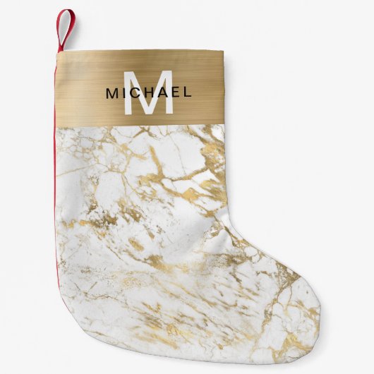 Monogram Goud Metaalachtig Wit Marmer Kleine Kerstsok (Voorkant)