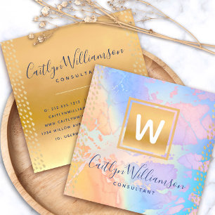 Monogram goud paars blauw aquarel marmer schrift vierkante visitekaartje