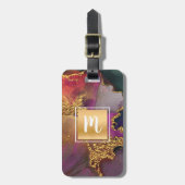 Monogram goud paarse groen blauw marmer waterverf bagagelabel (Voorkant verticaal)