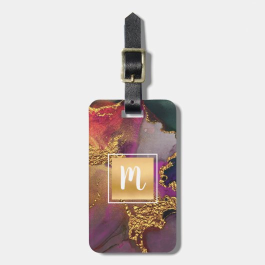 Monogram goud paarse groen blauw marmer waterverf bagagelabel (Voorkant verticaal)