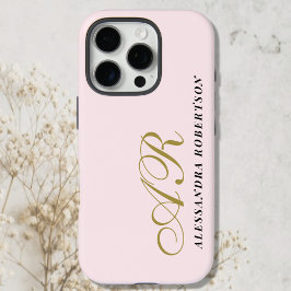 Monogram Goud Poeder Roze Zwarte Naam Minimalist iPhone 16 Pro Hoesje