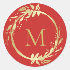 Monogram Goud Rood Kerstmis Krans Envelop Seal Ronde Sticker