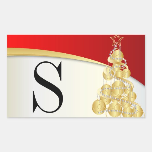 Monogram Goud & Rood Vrolijk Kerstmis Rechthoekige Sticker (Voorkant)