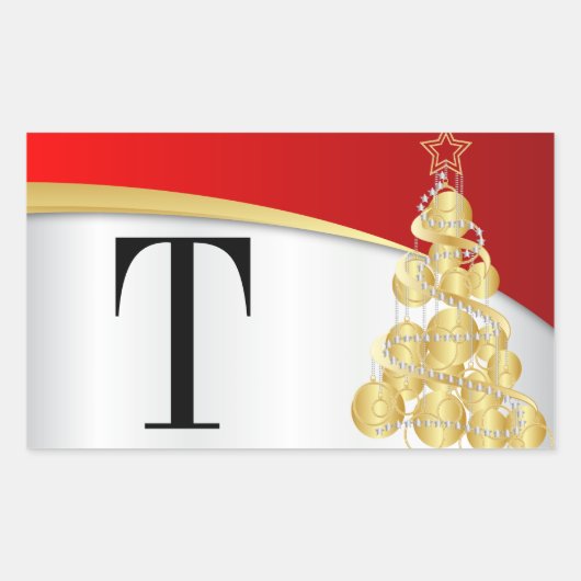Monogram Goud & Rood Vrolijk Kerstmis Rechthoekige Sticker (Voorkant)