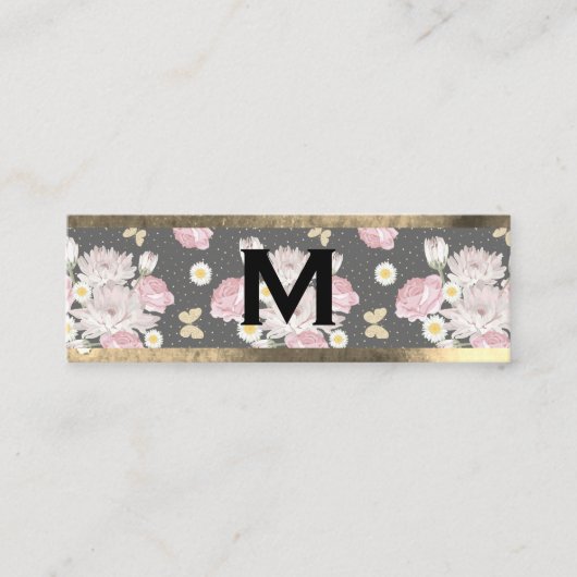 Monogram goud | Roze bloemen Mini Visitekaartje (Voorkant)
