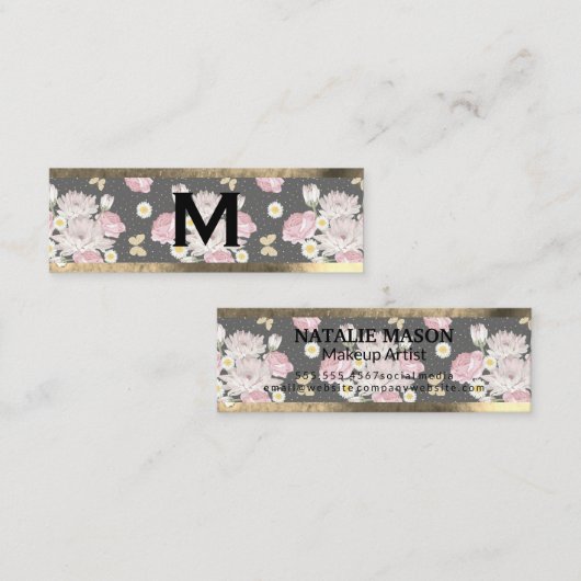 Monogram Goud | Roze Bloemen Mini Visitekaartje (Voorkant / Achterkant)