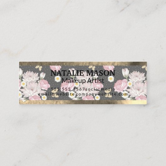 Monogram Goud | Roze Bloemen Mini Visitekaartje (Achterkant)
