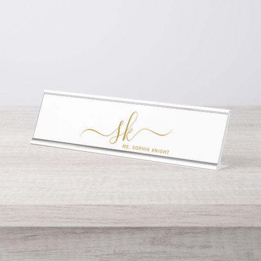 Monogram Goud Script Calligrafie Modern Custom Bureau Naambordje (Voorkant)