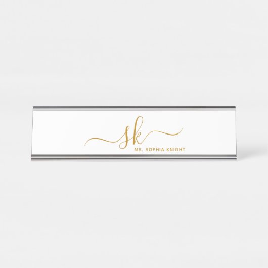 Monogram Goud Script Calligrafie Modern Custom Bureau Naambordje (Voorkant)