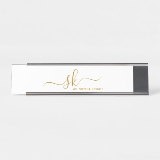 Monogram Goud Script Calligrafie Modern Custom Bureau Naambordje (Voorkant)