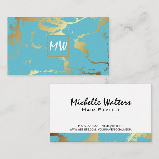 Monogram | Goud Tealkleurig Marmer Visitekaartje (Voorkant / Achterkant)