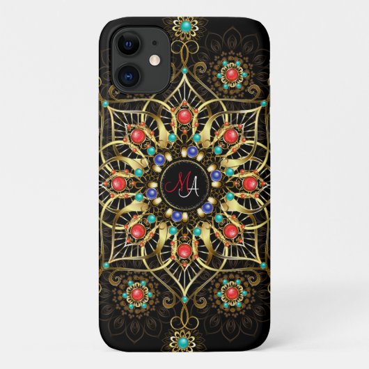 Monogram Goud Turquiose Rood Mandala Juweel Case-Mate iPhone Case (Achterkant)