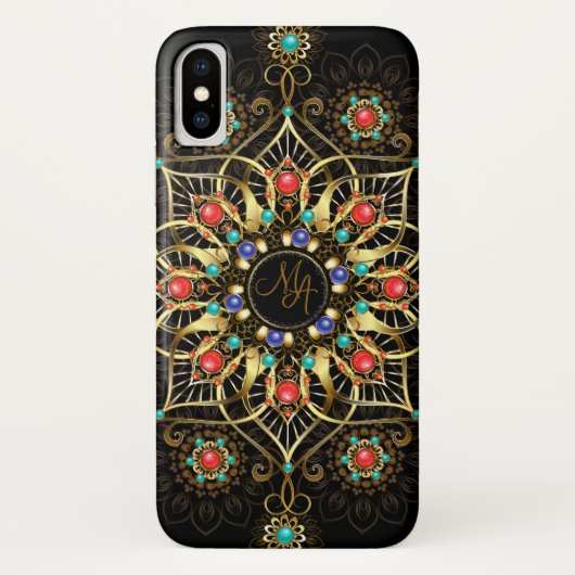 Monogram Goud Turquiose Rood Mandala Juweel Case-Mate iPhone Case (Achterkant)