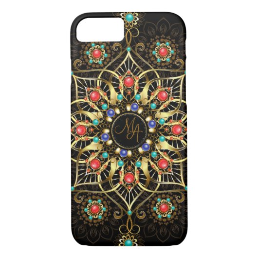 Monogram Goud Turquiose Rood Mandala Juweel Case-Mate iPhone Case (Achterkant)