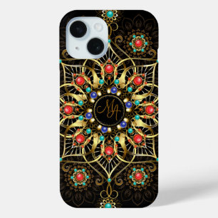 Monogram Goud Turquiose Rood Mandala Juweel iPhone 15 Case