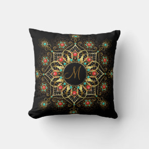 Monogram Goud Turquiose Rood Mandala Juweel Kussen