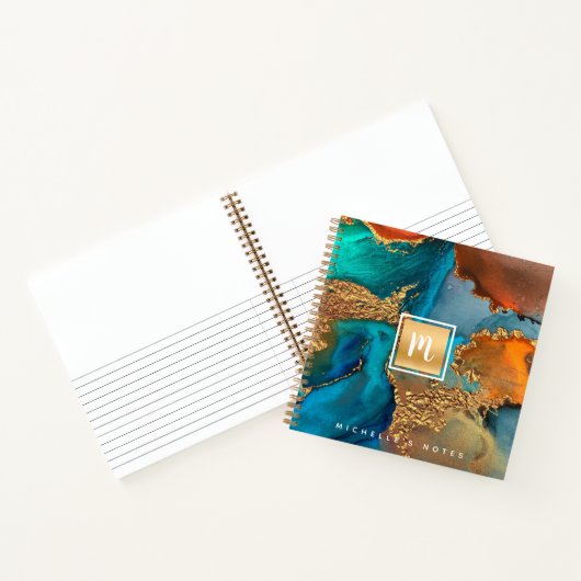 Monogram goud turquoise marmer waterverf vierkant notitieboek (Binnen)