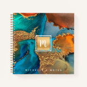 Monogram goud turquoise marmer waterverf vierkant notitieboek (Voorkant)