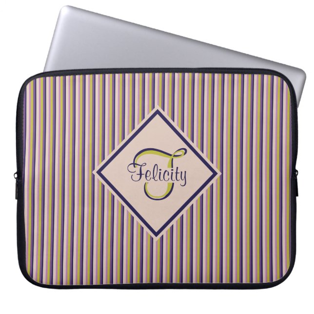 Monogram goud, Violet, Paarse en roze strepen Laptop Sleeve (Voorkant)