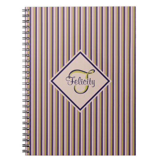Monogram goud, Violet, Paarse en roze strepen Notitieboek (Voorkant)