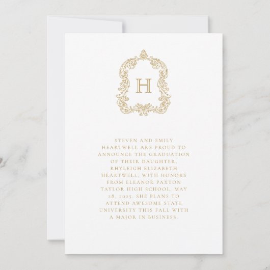 Monogram Goud Wit Foto Afstuderen Aankondiging (Achterkant)