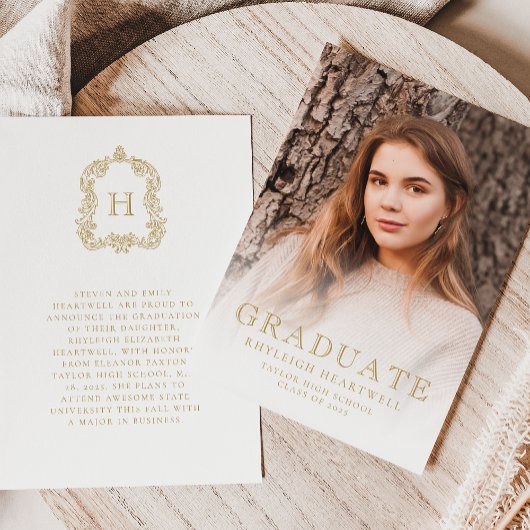 Monogram Goud Witte Foto Afstudeer Uitnodiging