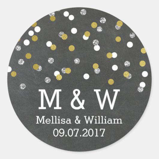 Monogram Goud Zilver Confetti Bruiloft Favor Label (Voorkant)